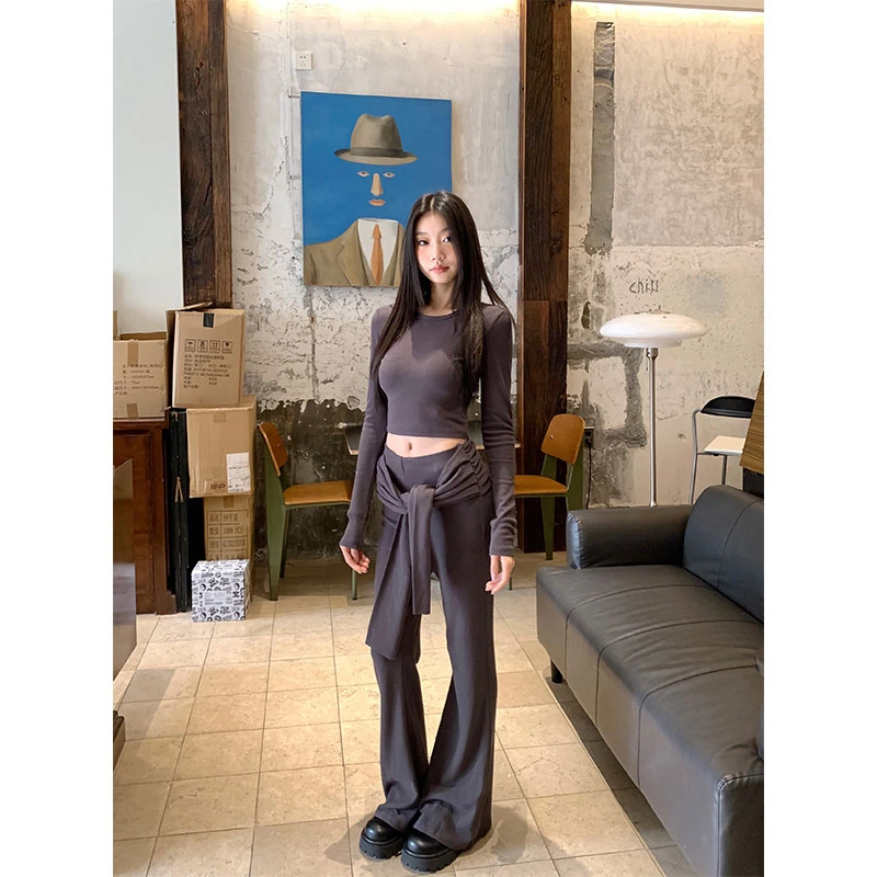 withmin休闲周末 打底上衣垂感绑带长裤磨毛弹力套装【2412460】