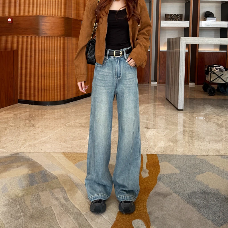 【石磨蓝】秋冬新款加绒复古中高腰宽松显瘦女A版阔腿牛仔裤Z1660