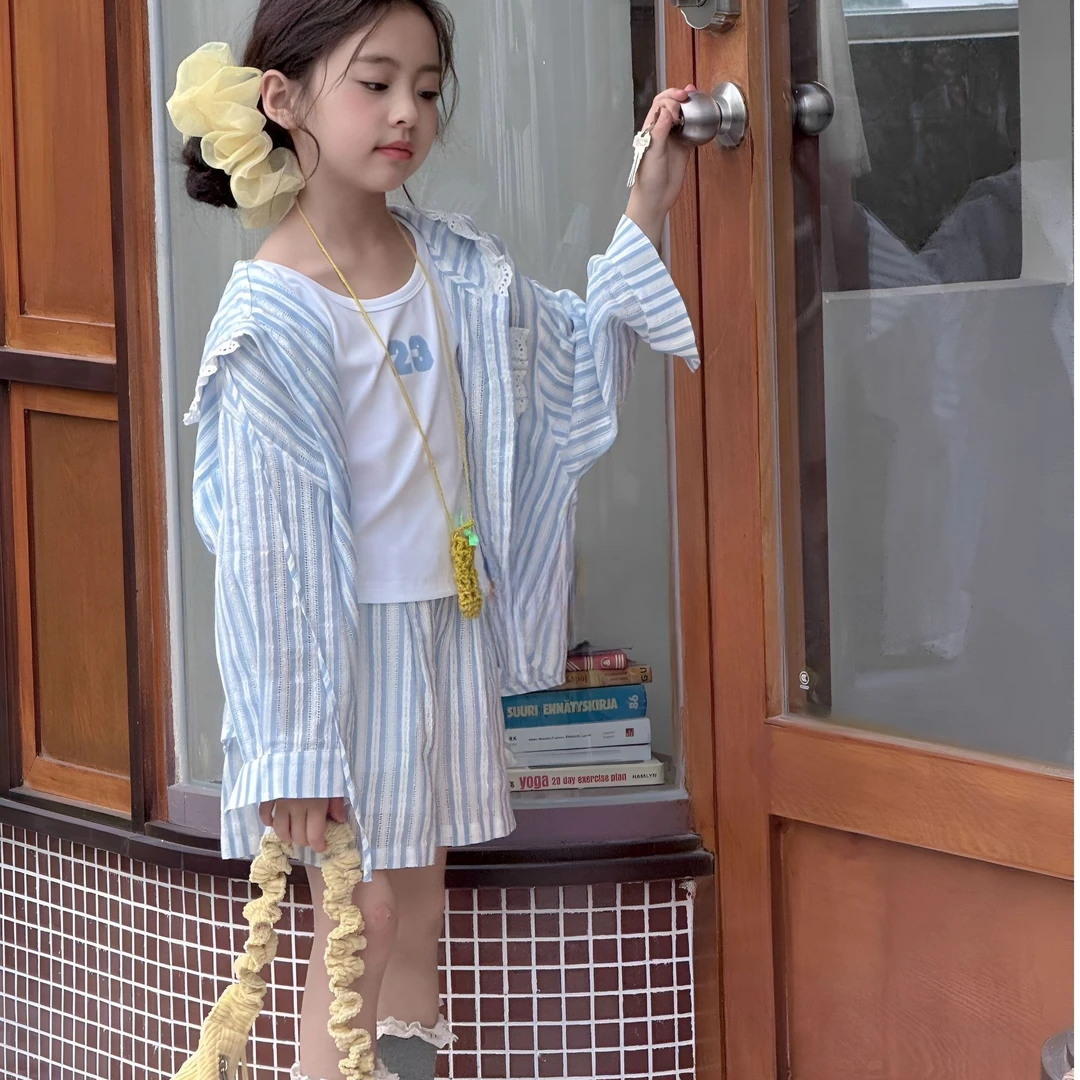 2025新款夏季格格韩系休闲蕾丝条纹女童套装  11126