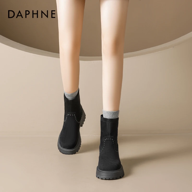 达芙妮复古短靴女款2025秋季新款美拉德棕色女靴子厚底增高马丁靴