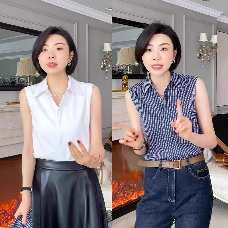 芯娇晴简约百搭翻领衬衫马甲背心女春季新款宽松内搭无袖坎肩外穿