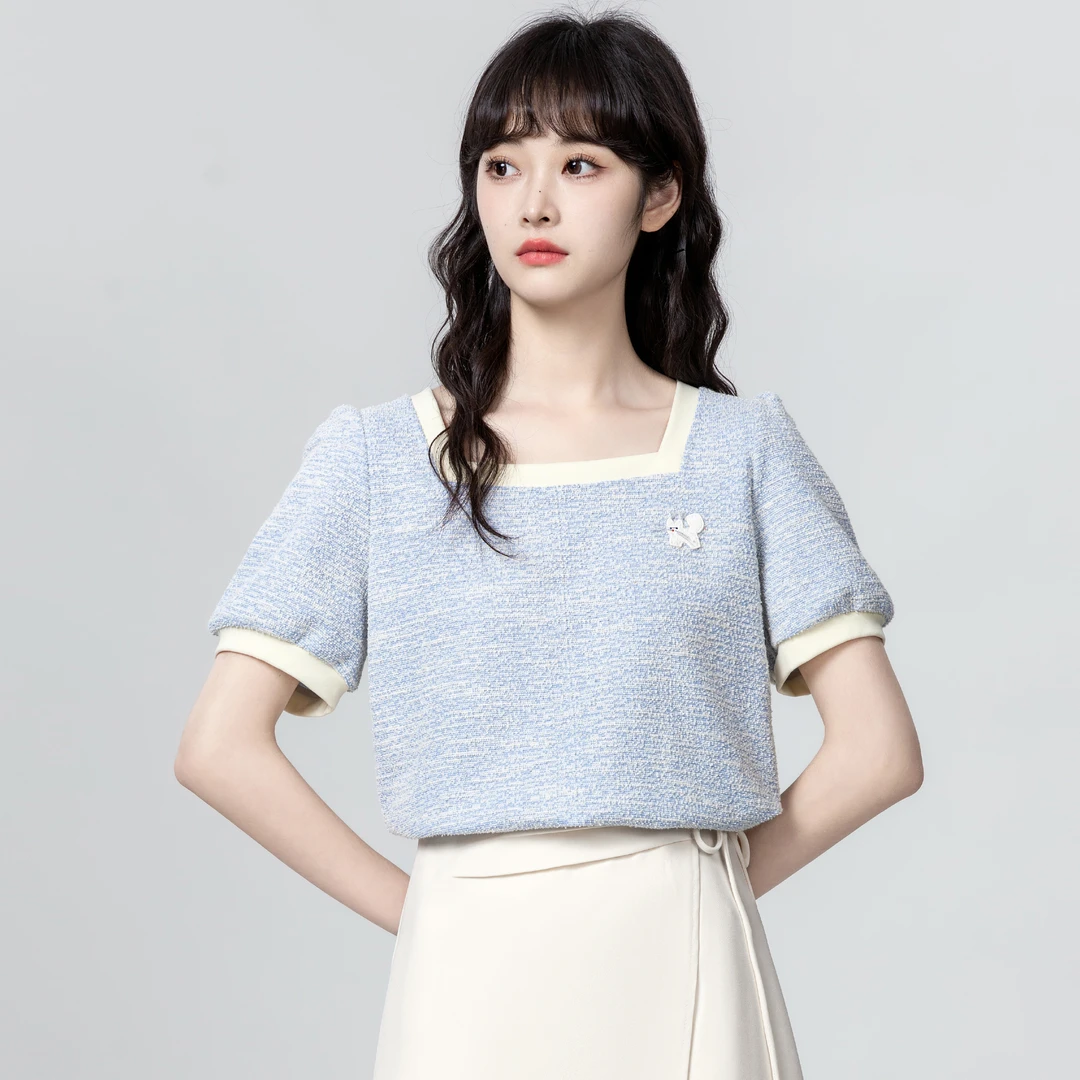蓝色方领短袖T恤女夏2025夏季新款设计感撞色泡泡袖体恤别致上衣