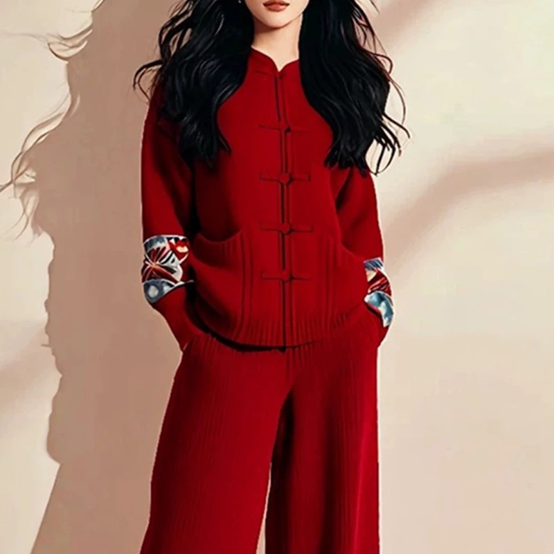 2026秋季新中式国风红色针织衫女秋时尚慵懒风毛衣外套女生上衣