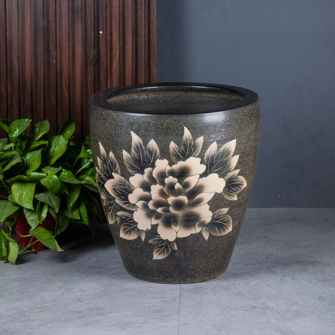 景德镇陶瓷鱼缸 雕刻绿荷