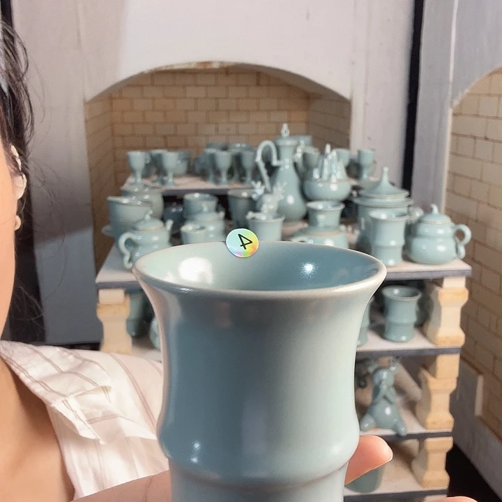 轩***卫瓷片汝瓷竹节杯支钉烧仿古釉4