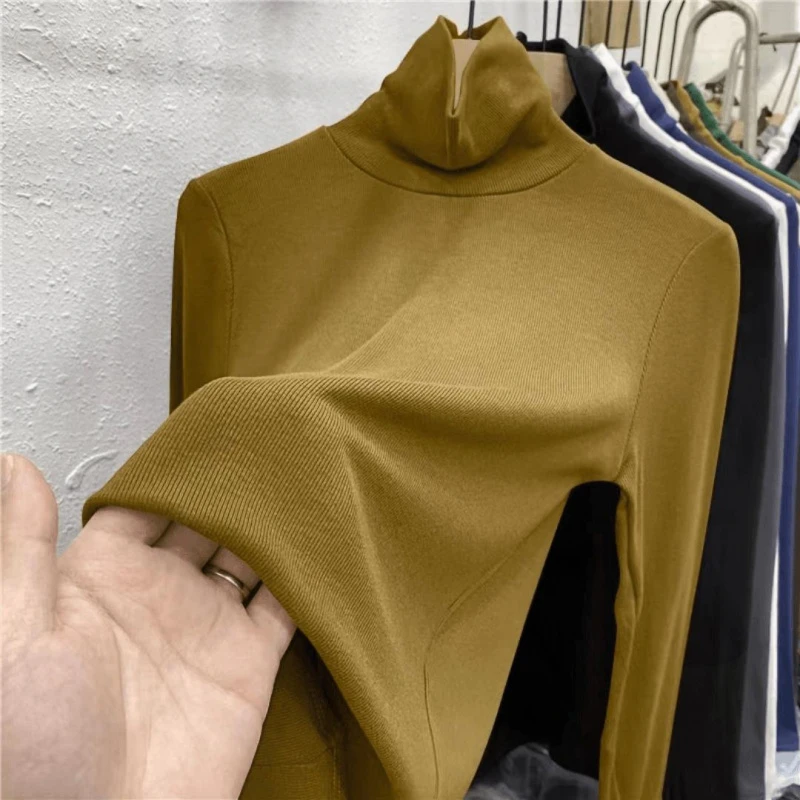 拉夏贝尔2024款秋冬高领长袖打底衫女大码堆堆领修身内搭百搭t恤