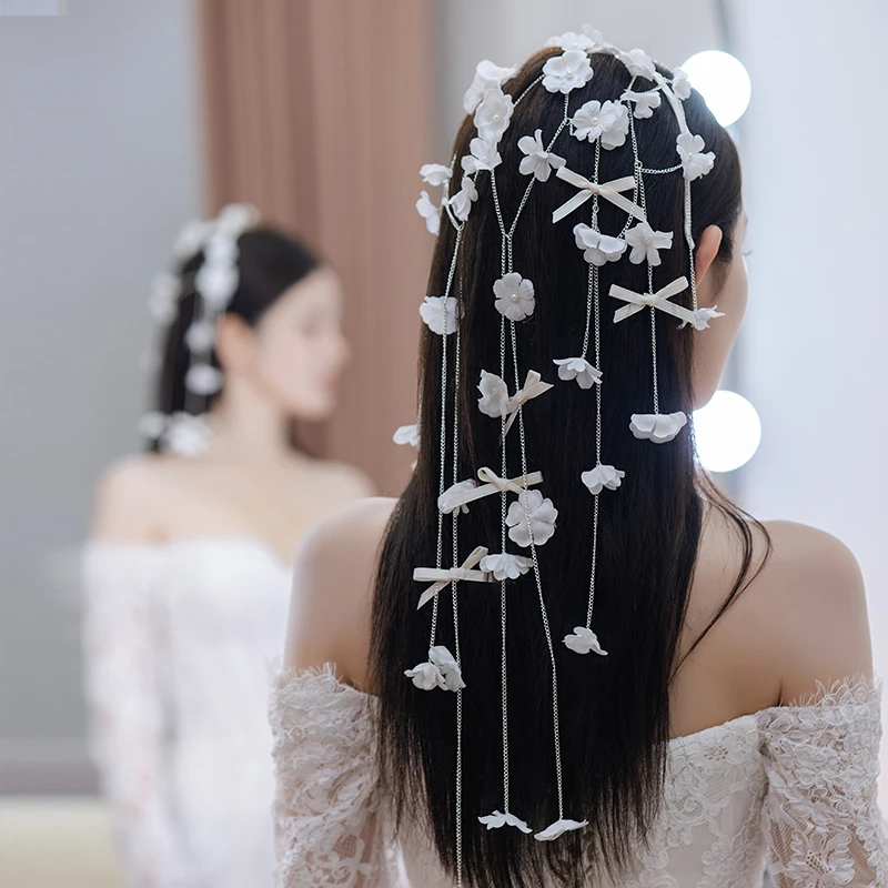 非金属布艺婚庆饰品 新娘超仙白月光流苏蝴蝶结发箍头饰女MC2638