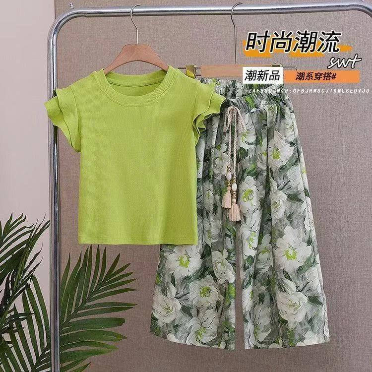 【现货】女童夏季背心套装25新款中大童薄款洋气飞袖上衣阔腿裤套装
