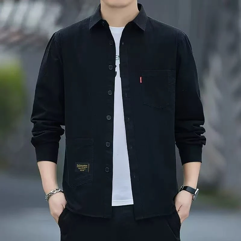 春秋季男士高档大码工装商务衬衫长袖开衫外套上衣百搭休闲工装衬
