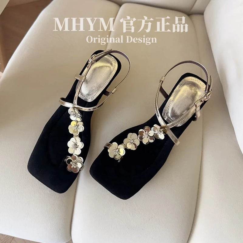 MH官方方头亮片花朵夹趾凉鞋女法式精致配裙一字带坡跟罗马凉鞋