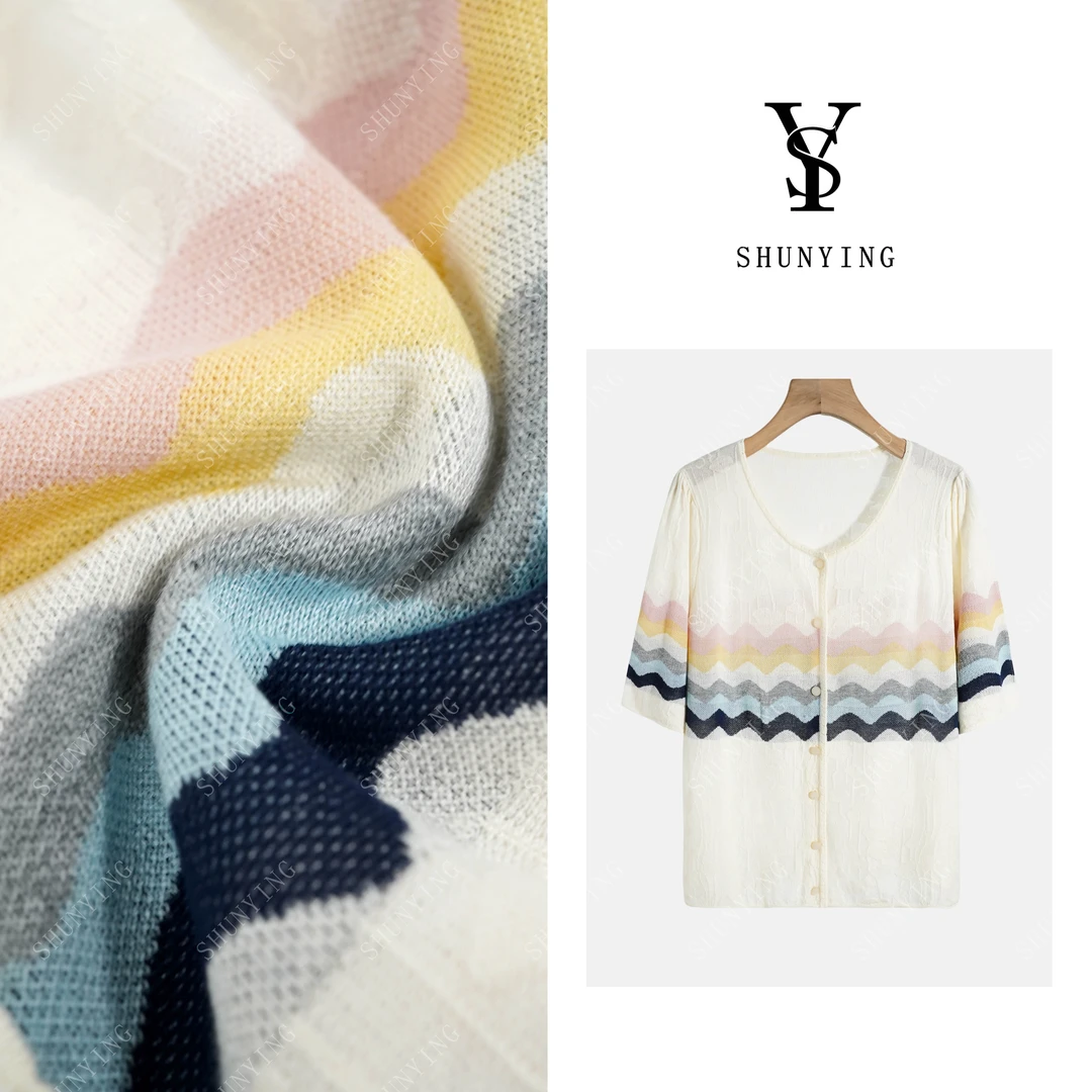 【仟娜】减龄又大方~重工提花波浪条纹软糯短袖T恤SY71T66368