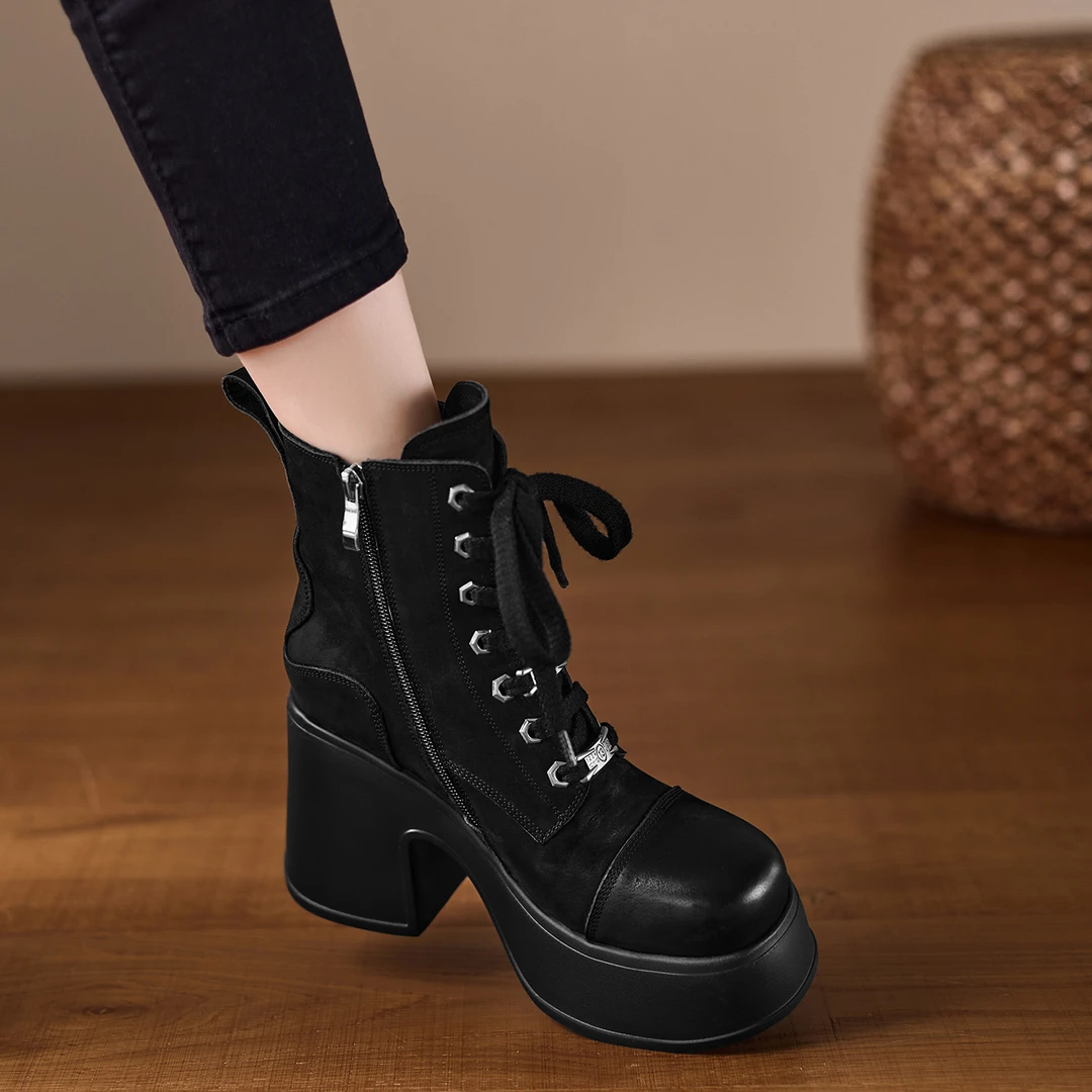 小个子手工女鞋10cm~松糕厚底马丁靴2025冬季新款英伦风高跟短靴