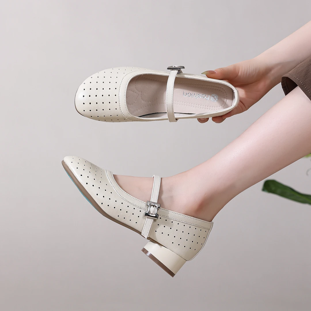 法式镂空百搭中粗跟浅口单鞋女2025年春夏季新款舒适一字带玛丽珍