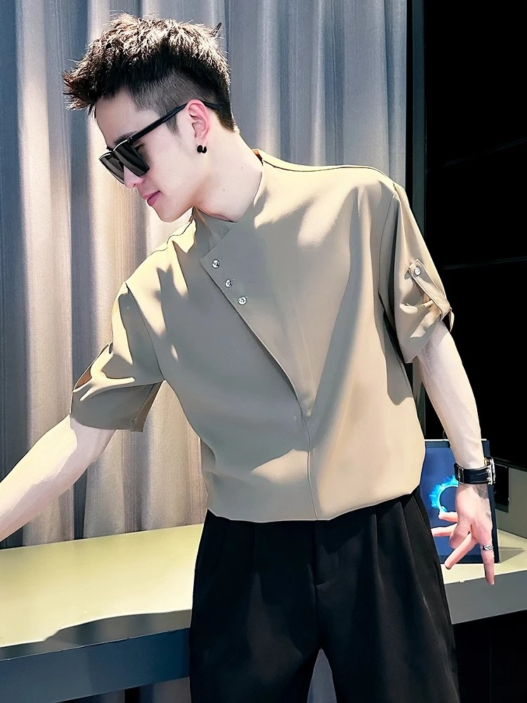 夏季五分袖衬衫男款潮流冰丝中袖2025新款痞帅高级感潮牌短袖衣服