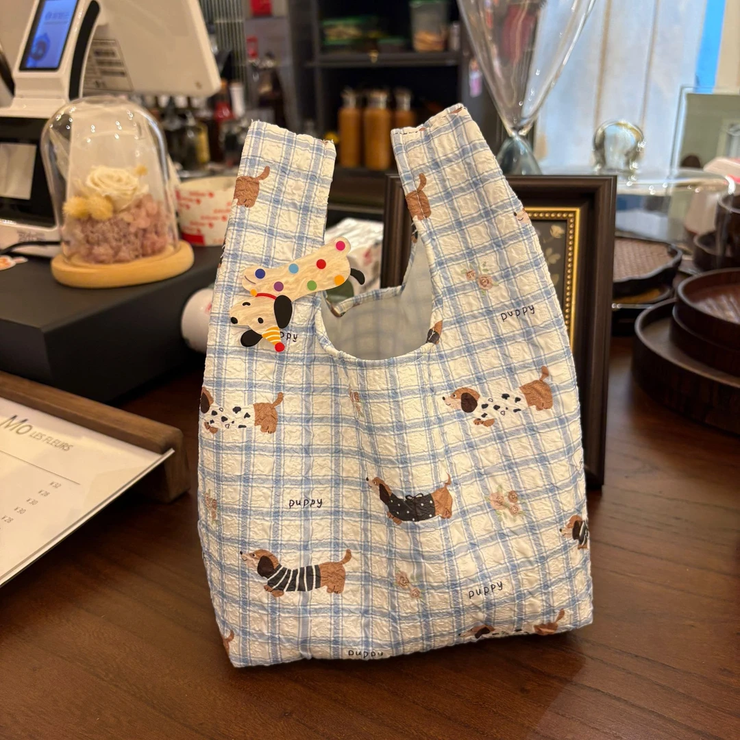 新款蓝格腊肠狗通勤托特式大容量拎包便携收纳外出撞色手提小包L