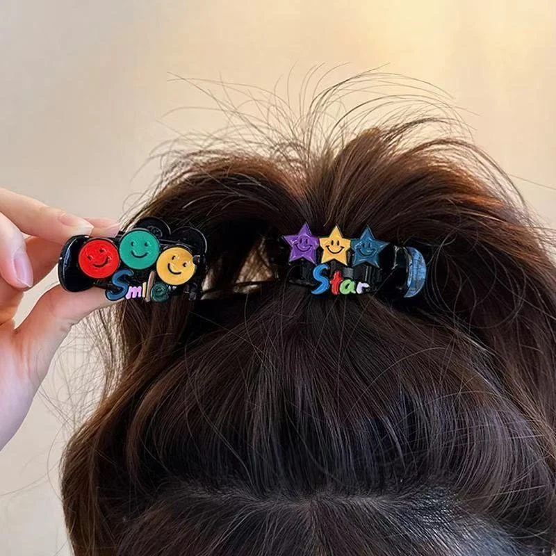 彩色多巴胺系列发夹少女可爱笑脸星星高马尾固定神器抓夹子头饰新