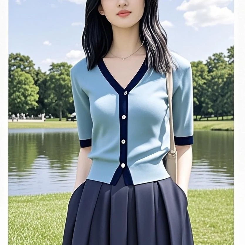 网红夏季针织衫新款冰丝香风洋气短袖薄款女装气质上衣修身显瘦