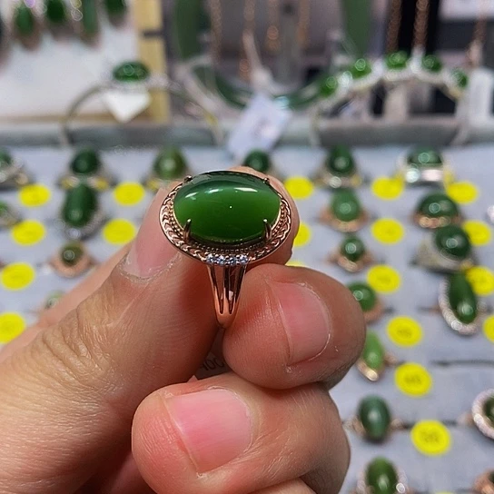 和田玉（碧玉）戒指银S925镶嵌大*