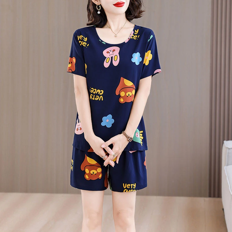 夏季棉绸套装休闲外穿短袖短裤两件套洋气显瘦人造棉大码宽松睡衣