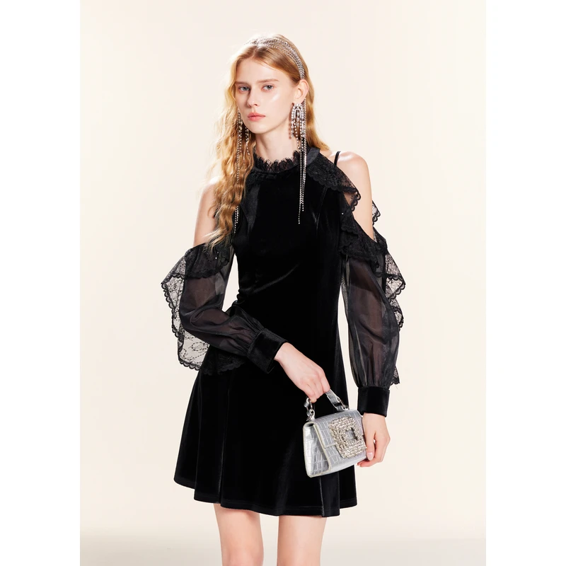 missCOCOON黑色丝绒蕾丝裙2025连衣裙