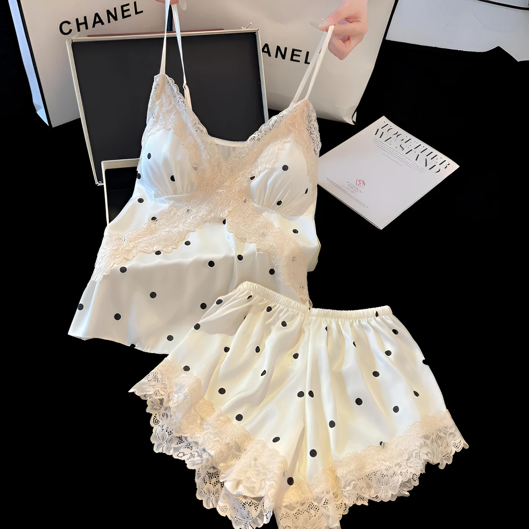 2025女睡衣冰丝波点带胸垫春秋薄款吊带短裤两件套家居服套装