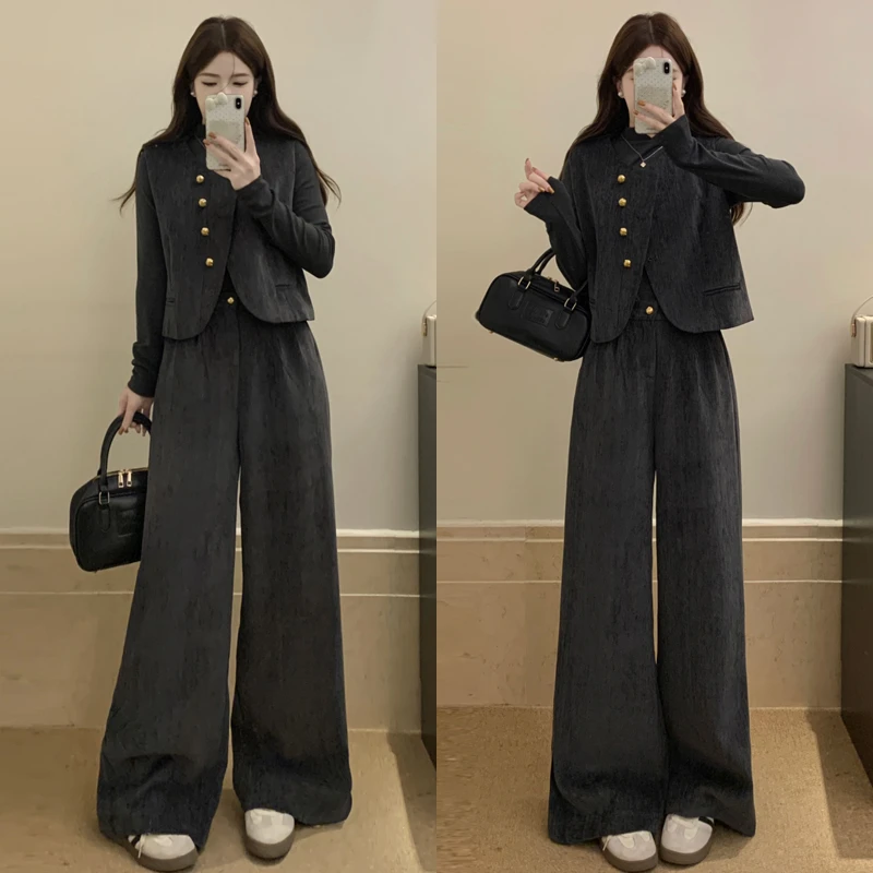 大码胖mm秋季新款韩版法式时尚马甲设计感宽松直筒裤三件套装女
