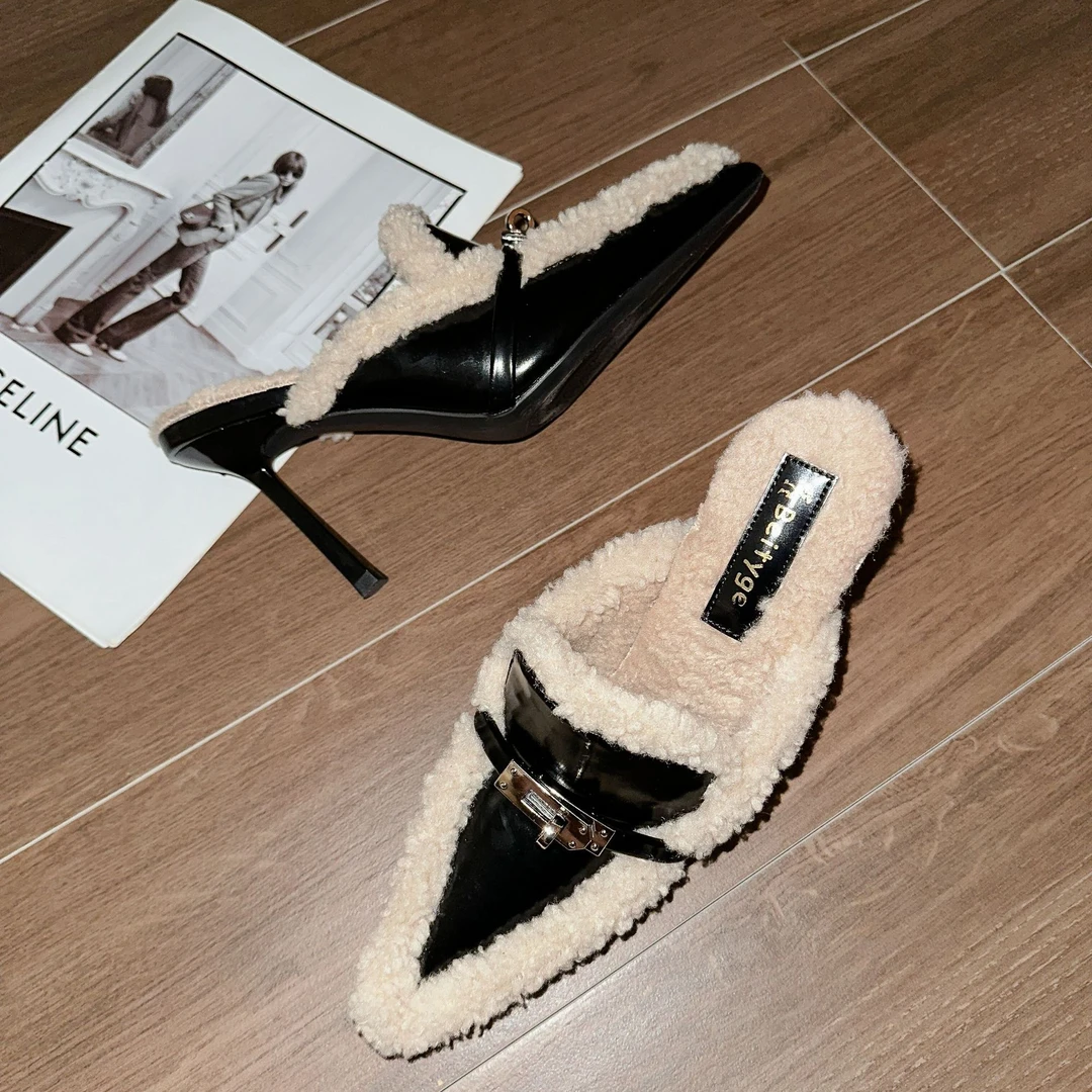 2025秋冬新款加绒黑色尖头高跟鞋细跟毛毛拖穆勒鞋拖鞋外穿女鞋