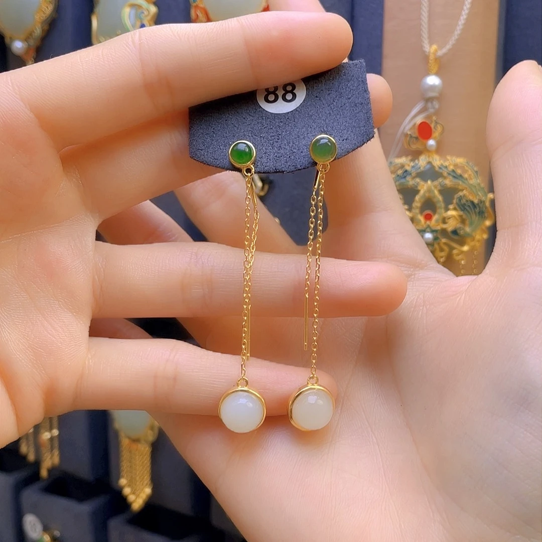 和田玉耳饰银S925镀金镶嵌