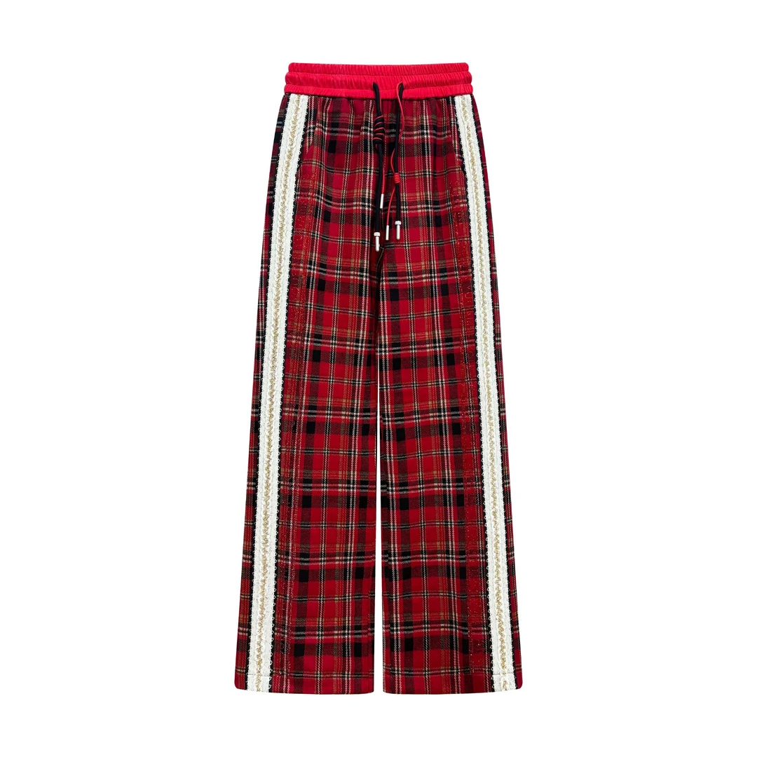 新款时尚烫钻休闲气质减龄显瘦复古红色格子百搭裤子#6538