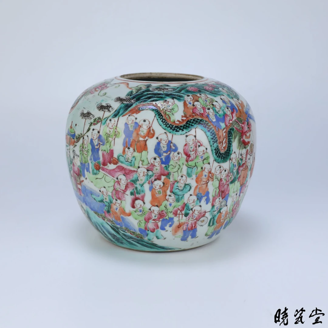 【晓瓷堂】粉彩百子闹春图盖罐 QT250372