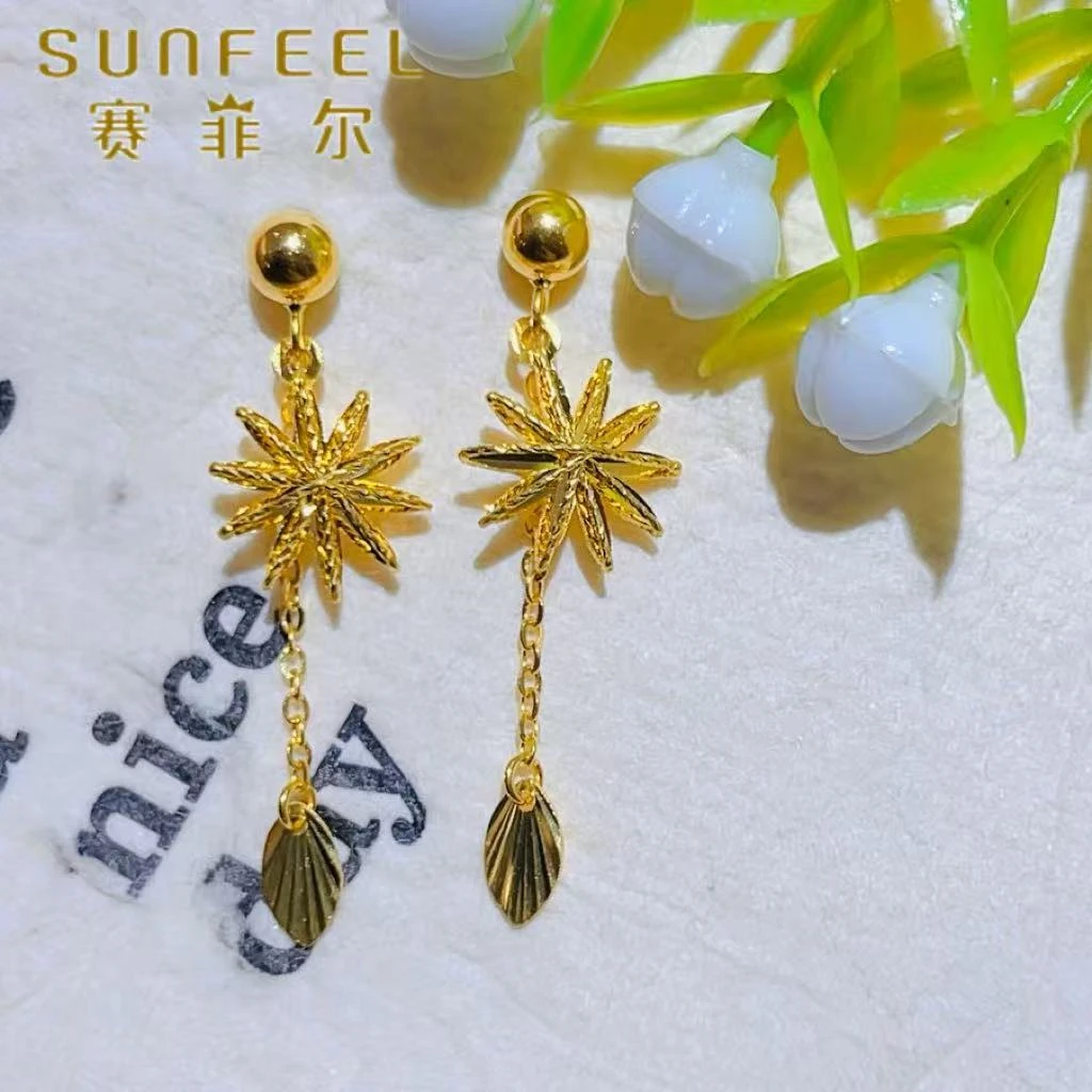 SUNFEEL/赛菲尔黄金足金金珠芒星流苏黄金耳饰波西米亚风5G精工