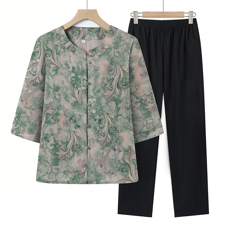 奶奶装七分袖两件套休闲女装老年人妈妈装夏装薄款套装中老年女装