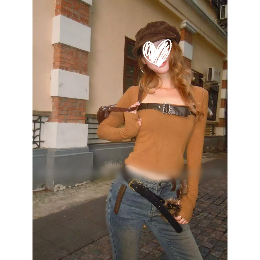 欧洲站新款小众设计方领套头辣妹风修身显瘦打底衫T恤女秋F01127