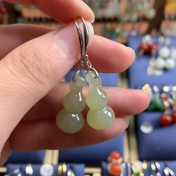 和田玉银S925镶嵌耳饰葫芦22左右晴水