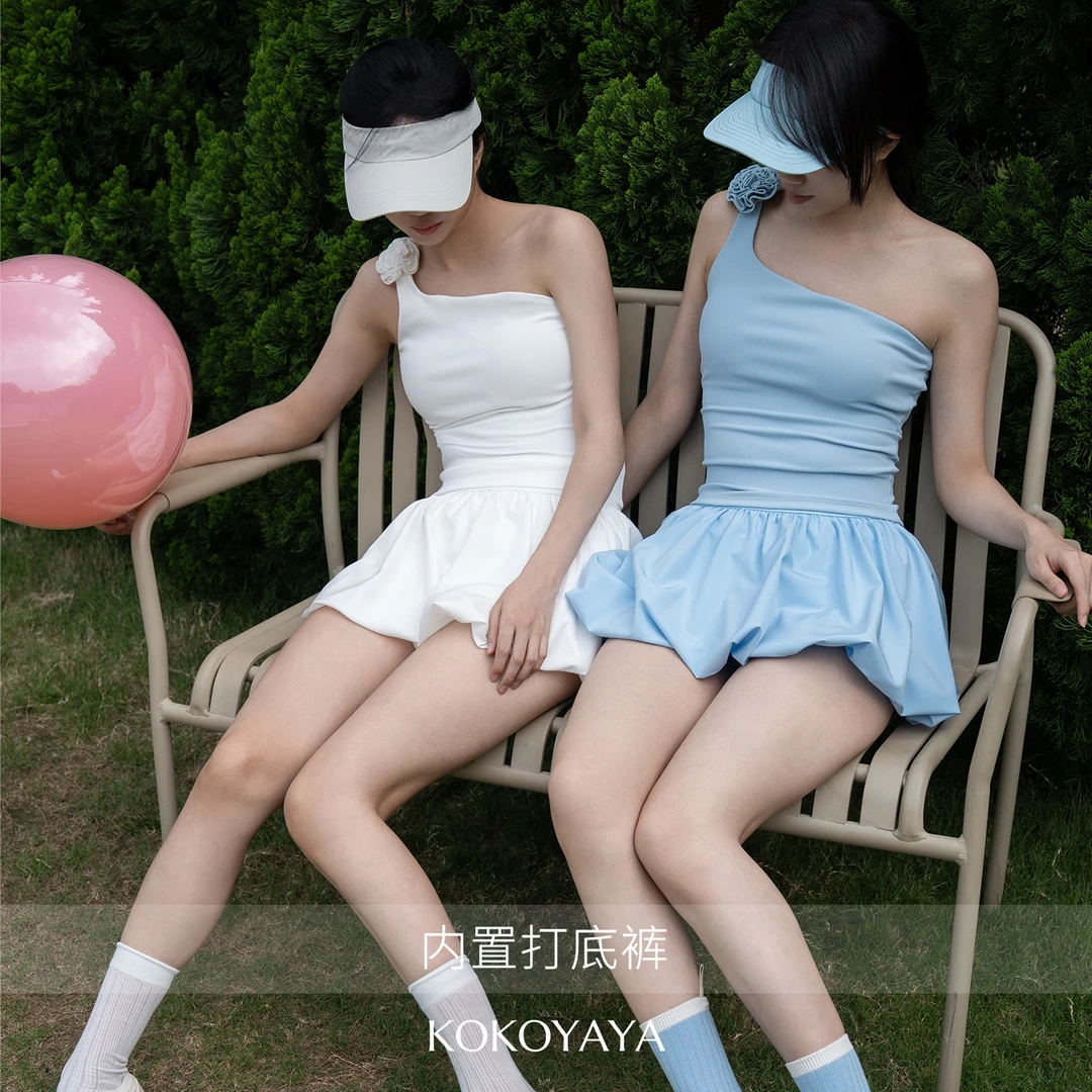 网球裙套装女休闲运动斜肩上衣百搭健身A字运动短裙套装