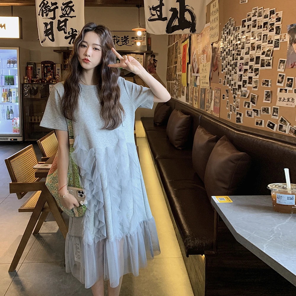 灰色网纱拼接卫衣裙女夏季2025新款韩系慵懒风气质减龄显瘦连衣裙