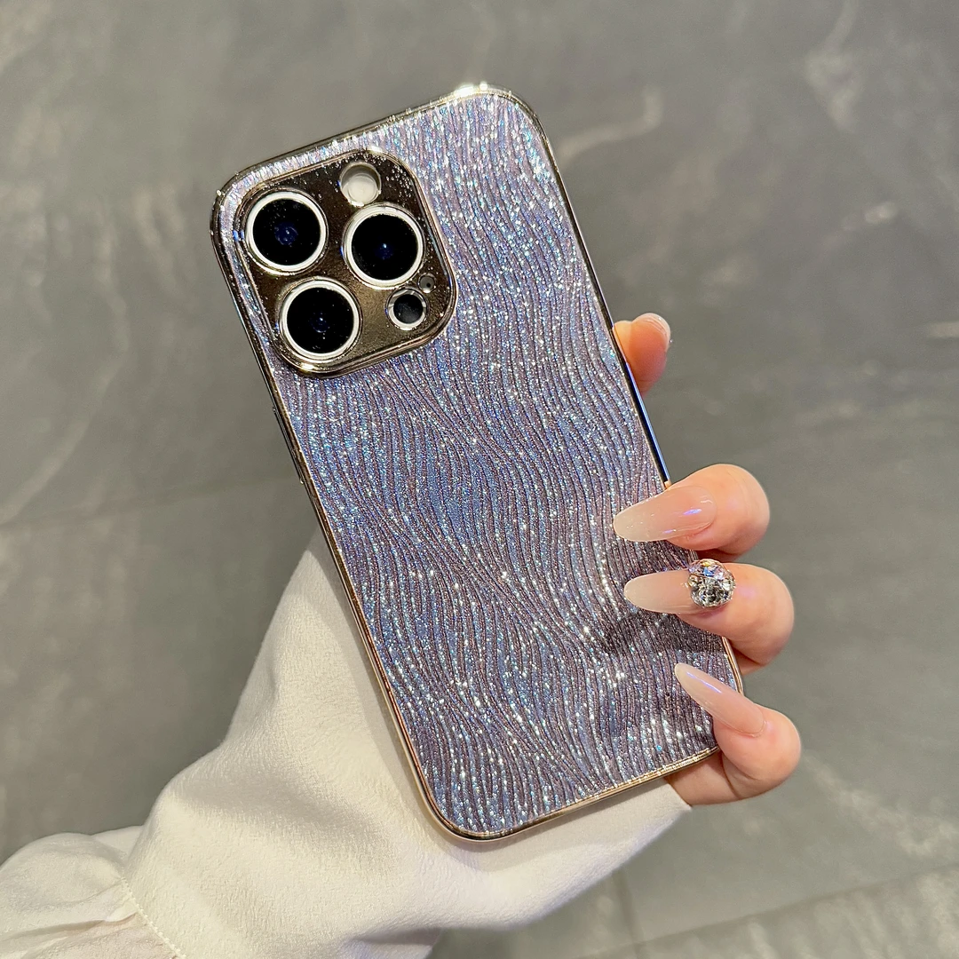 全包电镀水波纹适用iPhone16promax手机壳苹果15新款14/13高级女