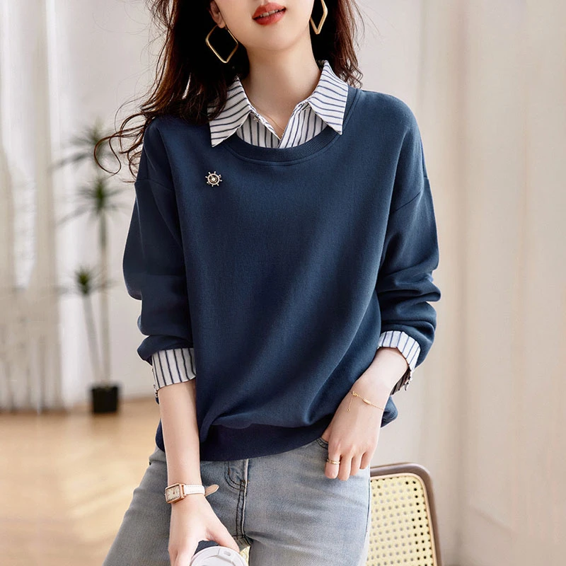 LOzP韩版条纹拼接卫衣女春季2025新款时尚百搭休闲显瘦假两件上衣