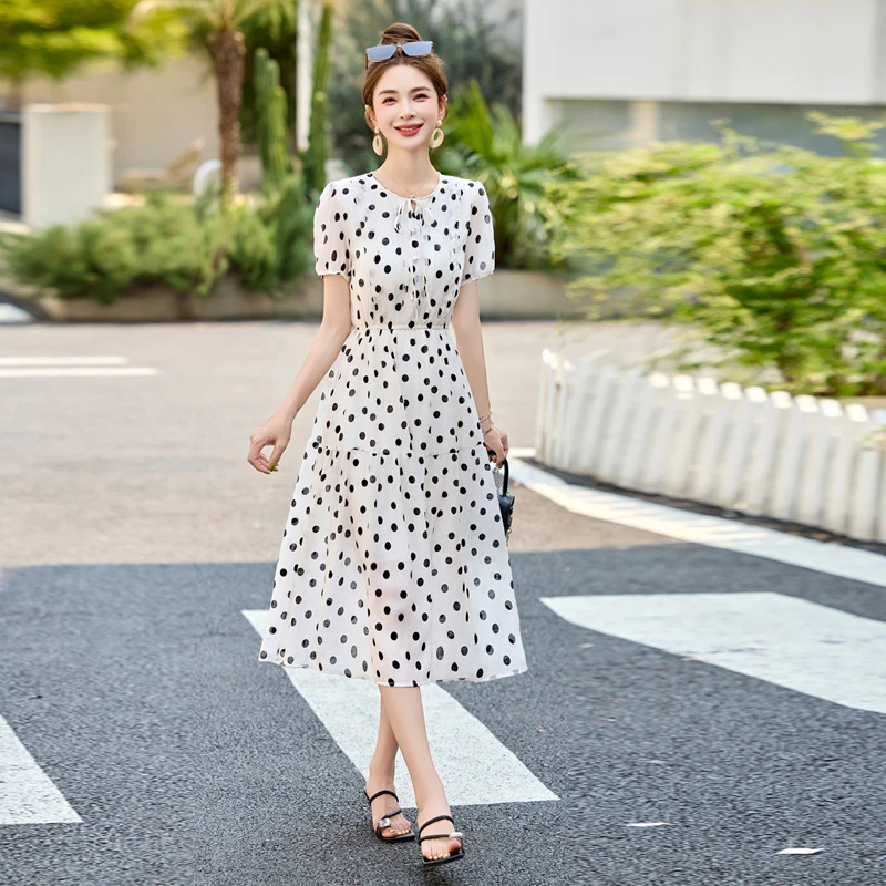 长裙短袖A字裙夏季印花连衣裙裙子韩版雪纺裙泡泡袖修身洋气