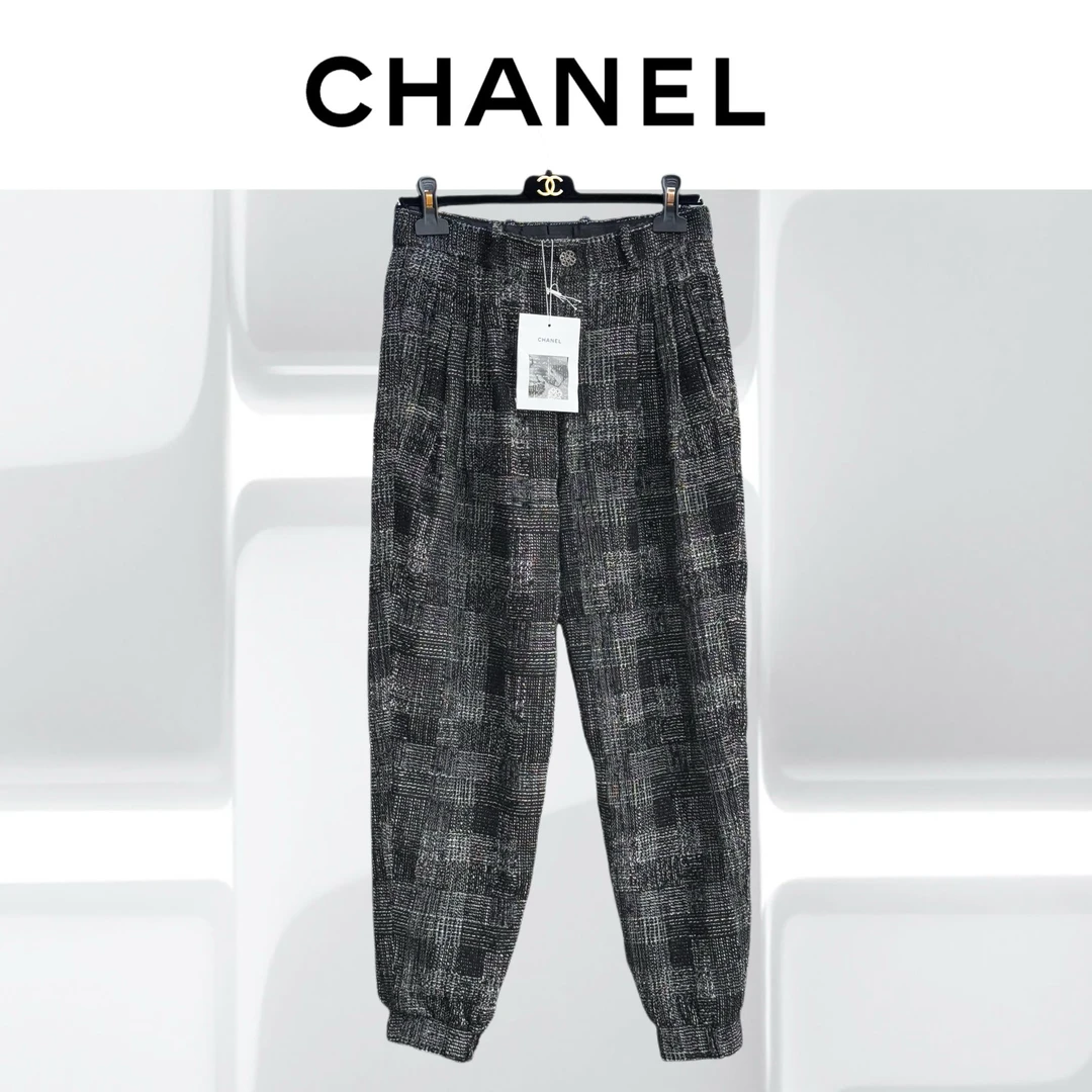 99新 Chanel/香奈儿 34码22A手工坊灰色格纹粗花呢长裤