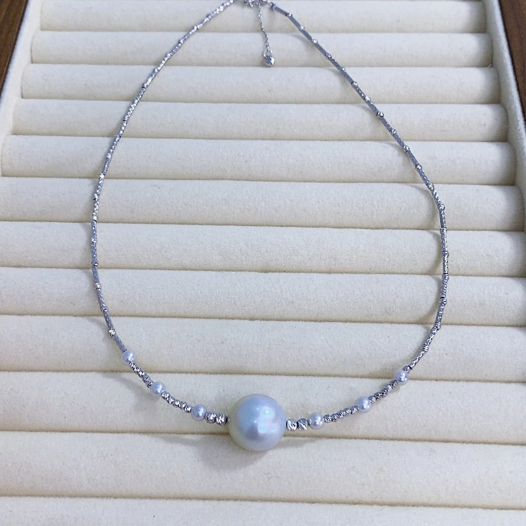 银S925镶嵌海水珍珠日本原装13.7mm澳白银蓝琉金