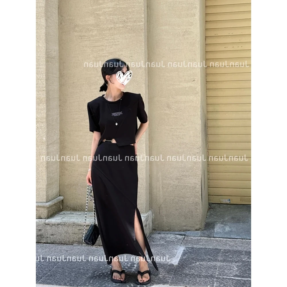 2025夏季新款短袖上衣T恤+松紧腰开叉半身裙两件套装洋气衣服女