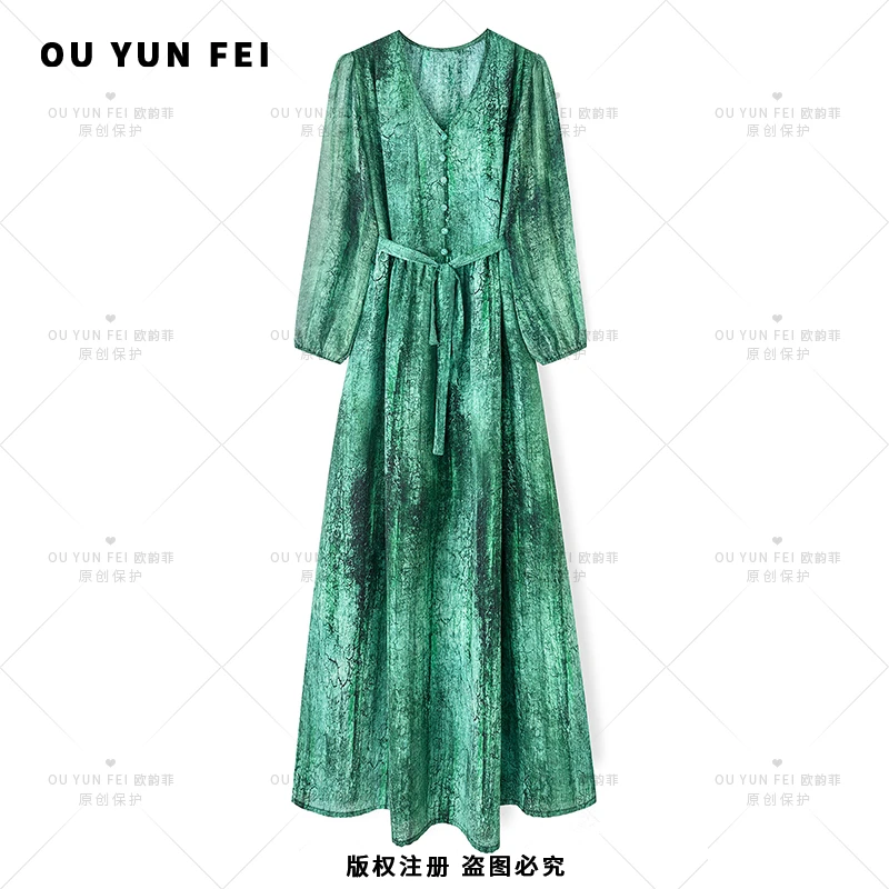 【帝王绿】长裙显瘦印花长袖连衣裙夏季时尚连衣裙山系AB1001