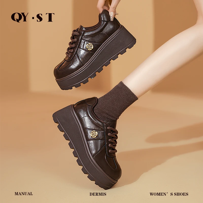 【隐形增高8CM】百搭时尚真皮厚底圆头平底单鞋女舒适乐福鞋#F98506