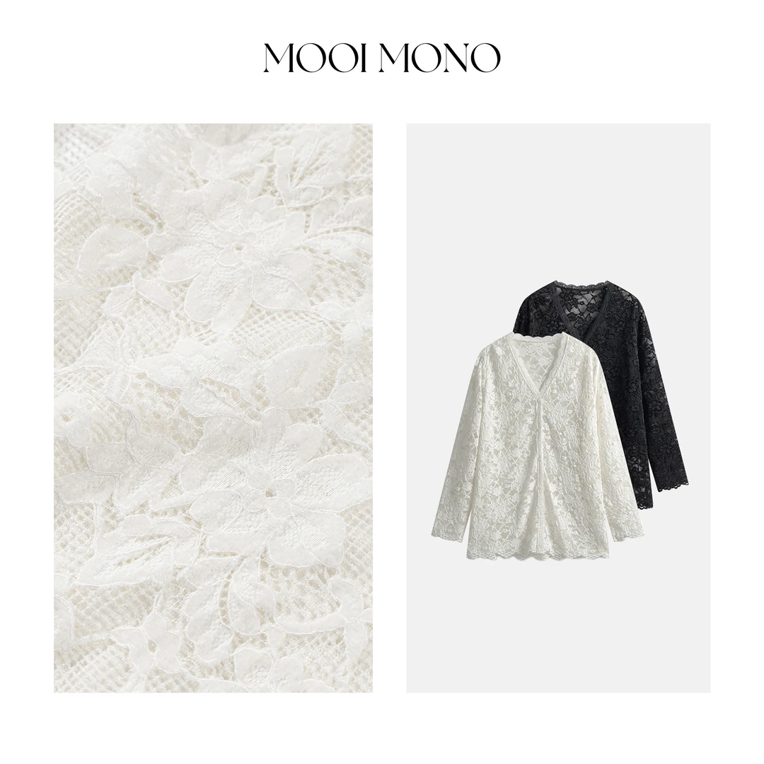 MOOI MONO"芊雅"显瘦法式V领镂空蕾丝植绒绣花打底开衫 E222Z53