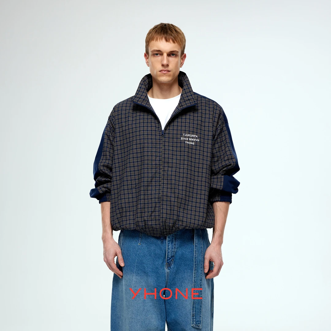 YHONE「墨尔本的春天」25ss春夏长袖格子外套做旧印花休闲拼接中性