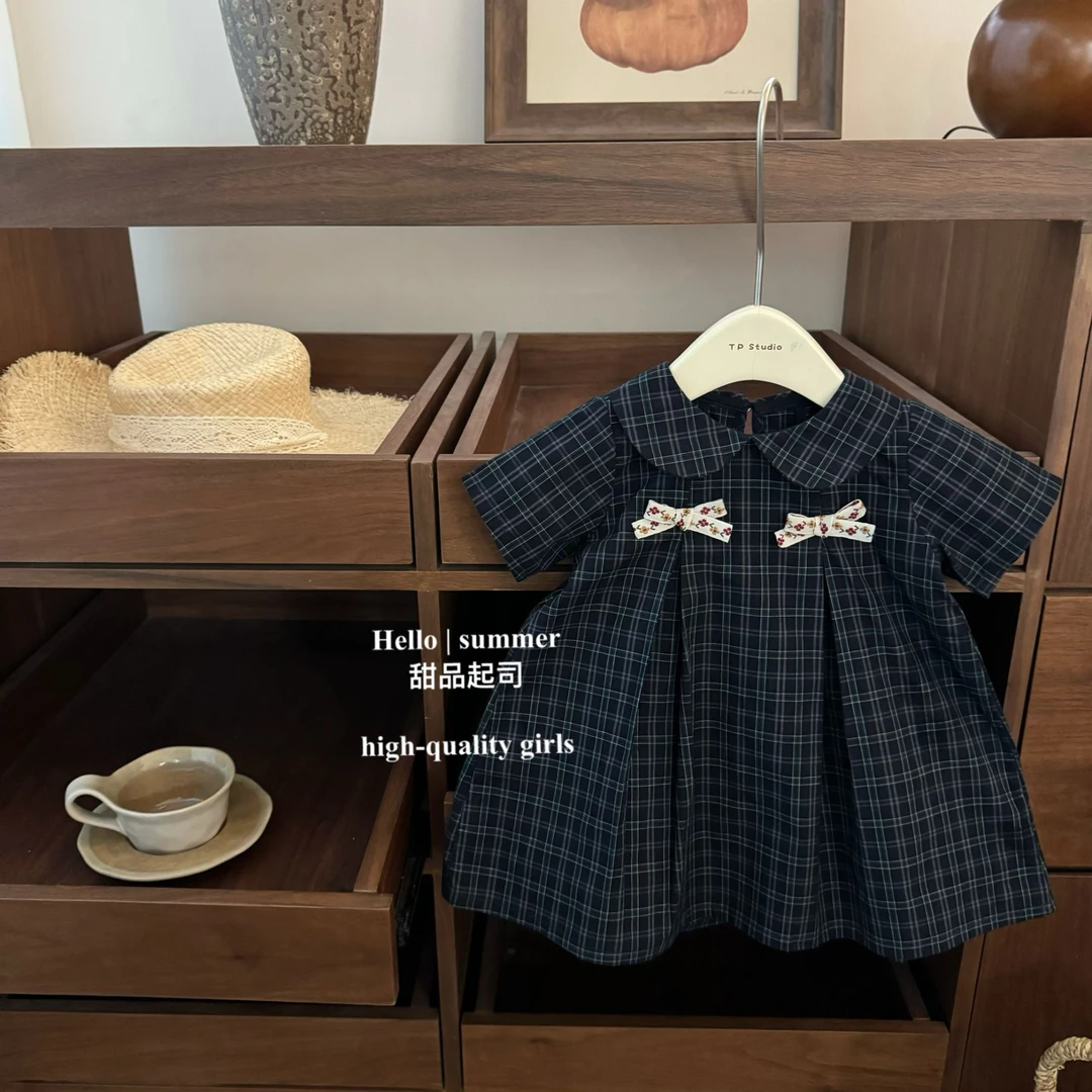 【甜品起司】高级感！女宝宝碎花蝴蝶结学院风复古格子娃娃领连衣裙