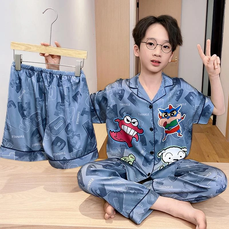 FAVMARTHA儿童睡衣男童夏季冰丝薄款短袖小男孩2025新款青少年三