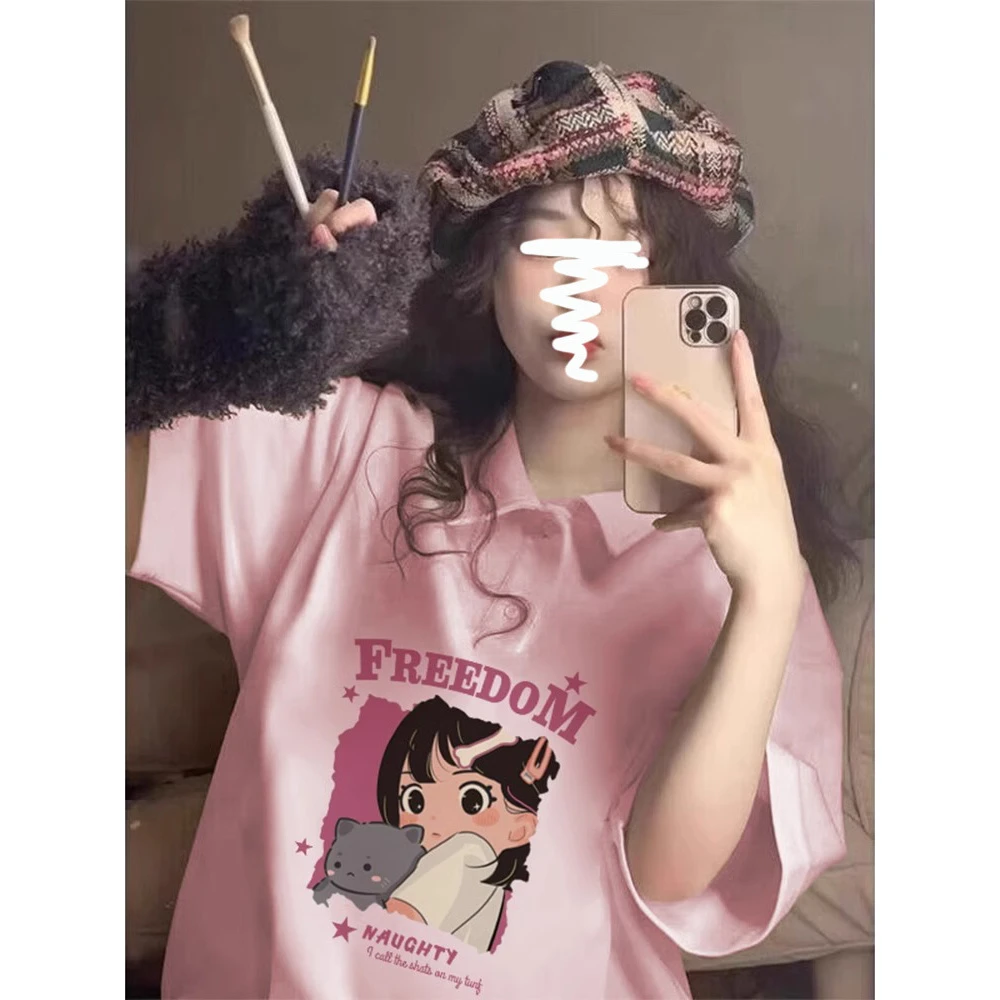 美式学院风粉色POLO领短袖T恤女夏2025新款落肩下衣失踪体恤女