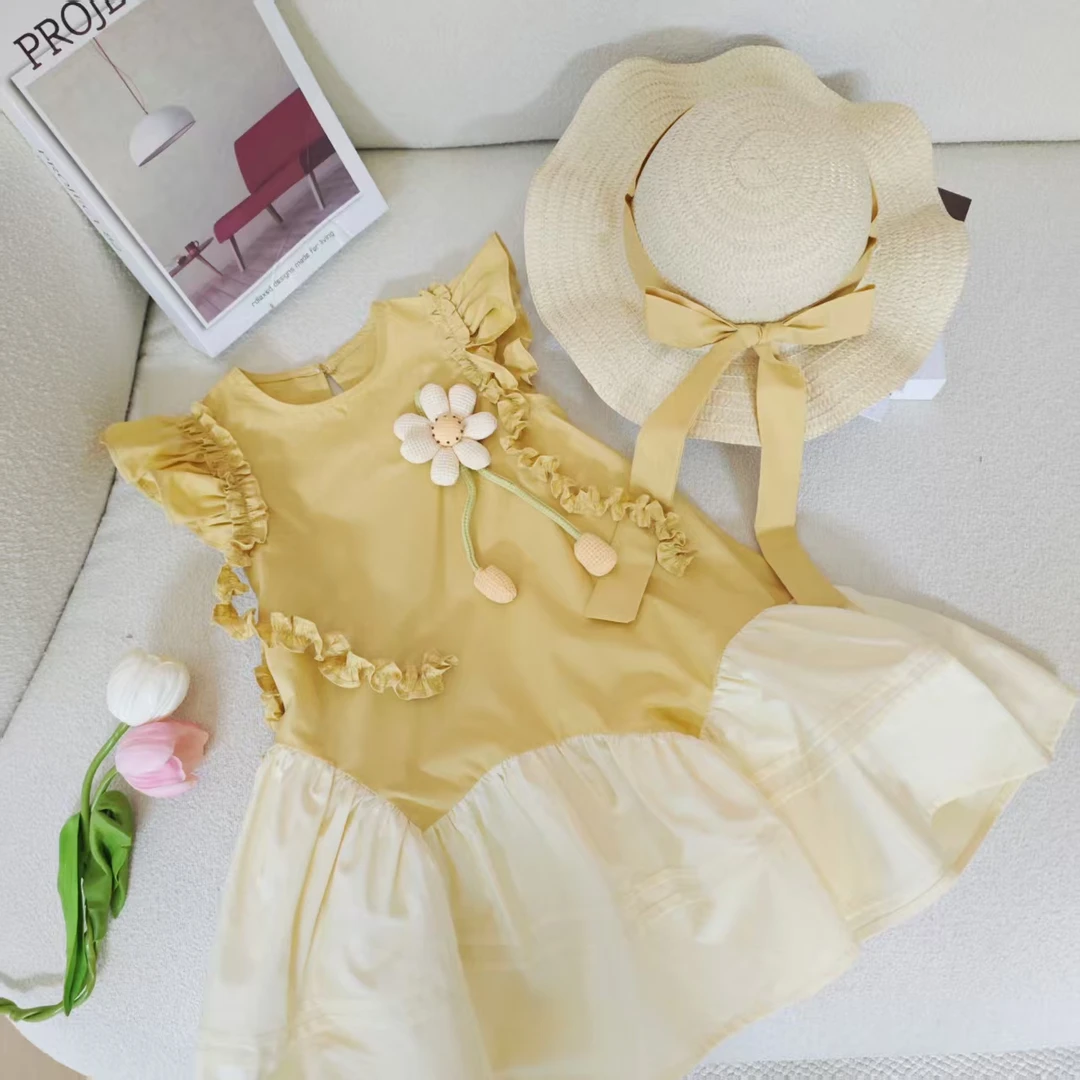 2025女小童拼接无袖棉布连衣裙夏款女孩公主裙立体太阳花背心裙子